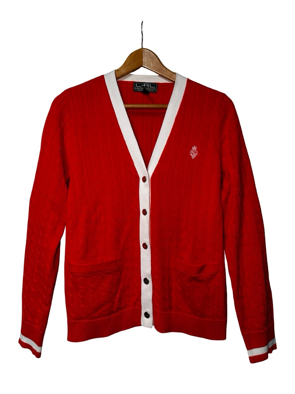 Lauren Ralph Lauren Active Orange Cable Knit Cardigan Large Cotton Preppy Chic